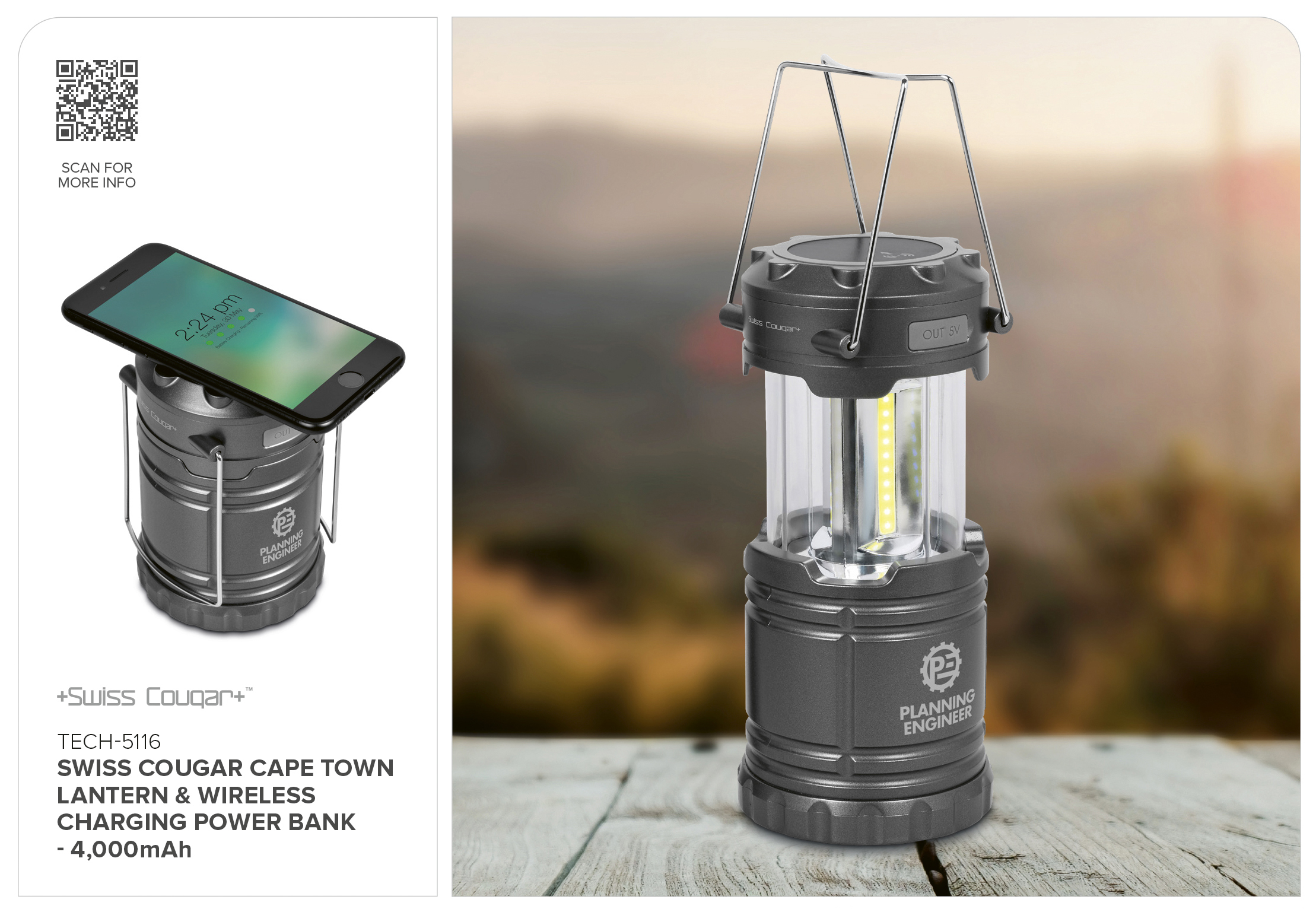 TECH-5116 - Swiss Cougar Cape Town Lantern & Wireless Charging Power Bank - 4,000mAh - Catalogue Image